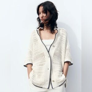 Zara knit crochet white short sleeve button down cardigan top L/XL